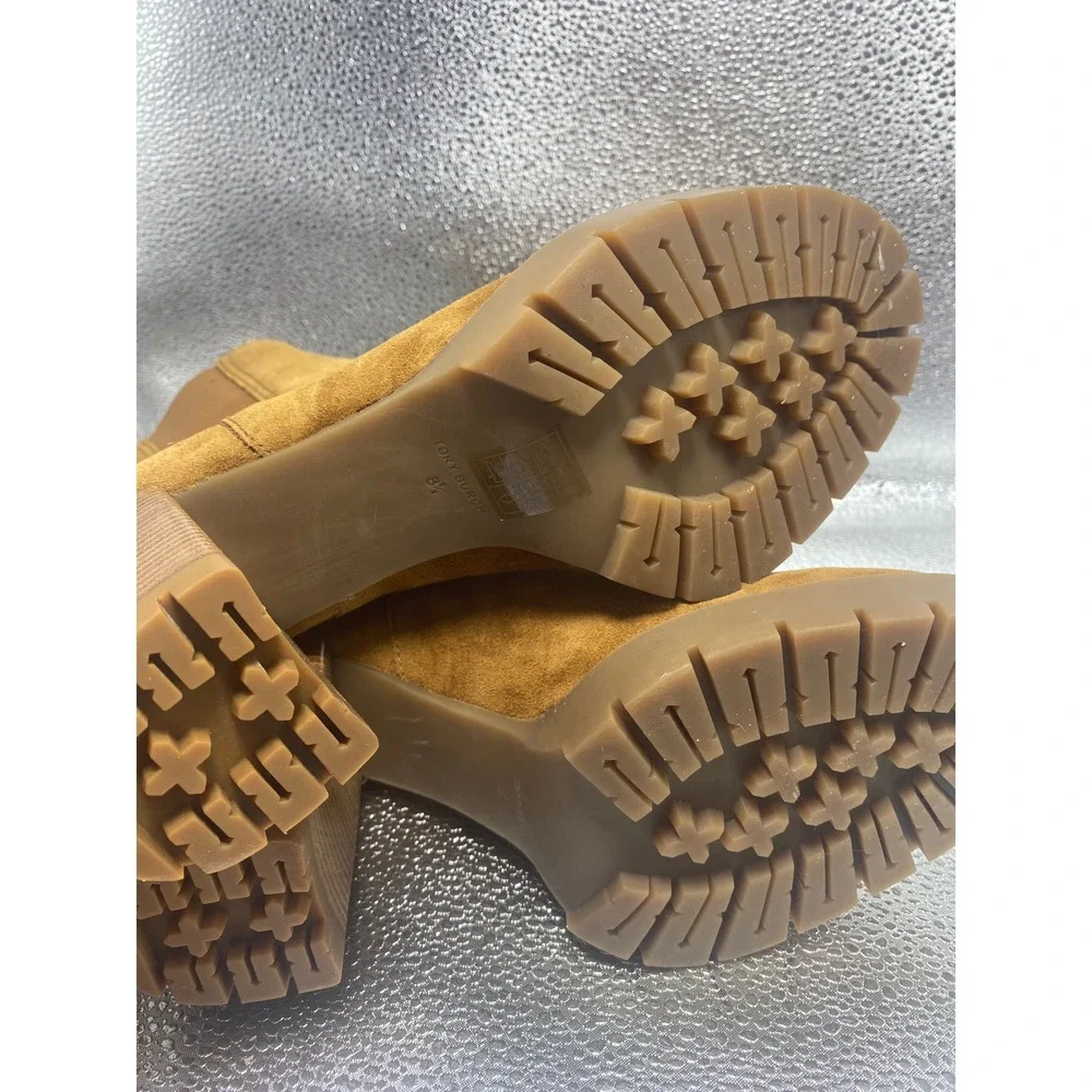 Tory Burch Lug Sole Suede Chelsea Boots Tan Block Heel Logo Ankle Booties 8.5